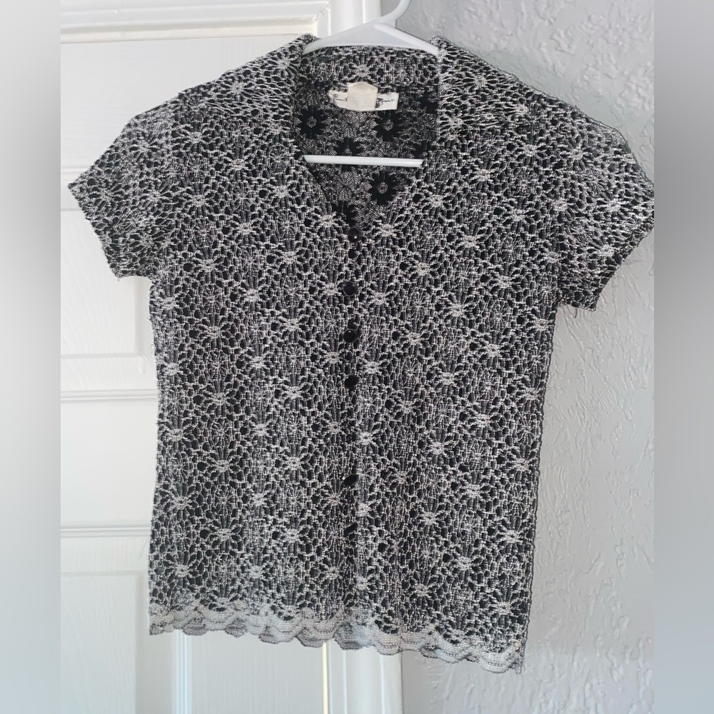 Black and White Lace Button-Up Top